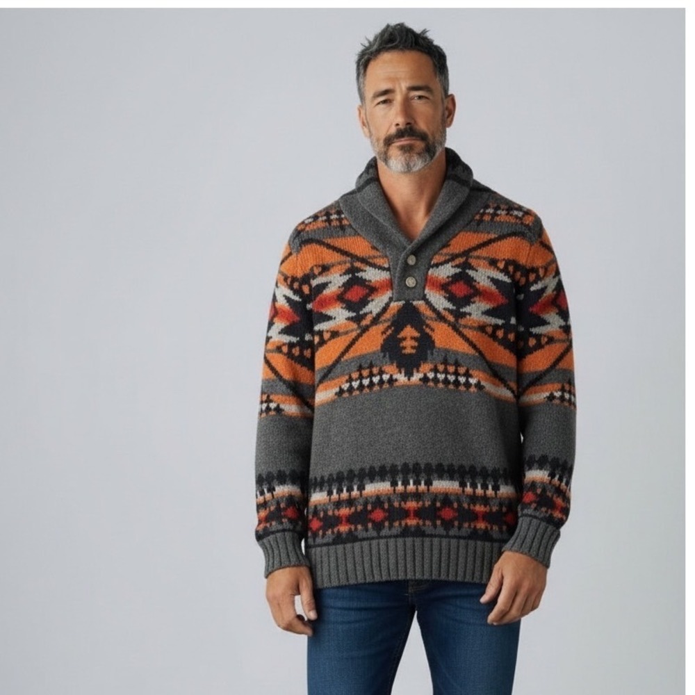 Pendleton Mens Lambswool Shawl Collar Sweater Southwestern Geometric Grey Orange
